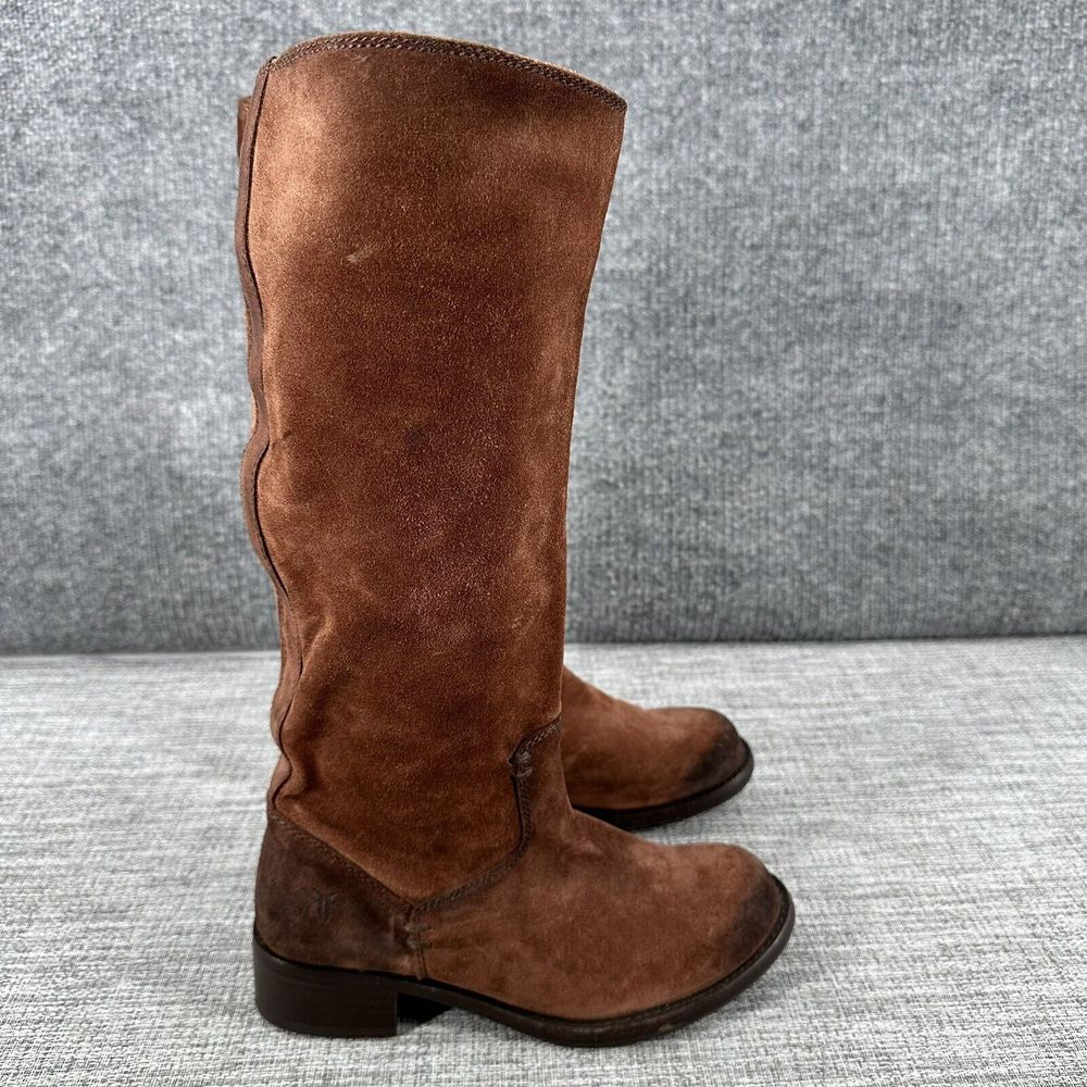 Frye Elena Brown Suede Tall Boots Womens Sz 6.5 B Pull On 76556 Riding Moto. 
I